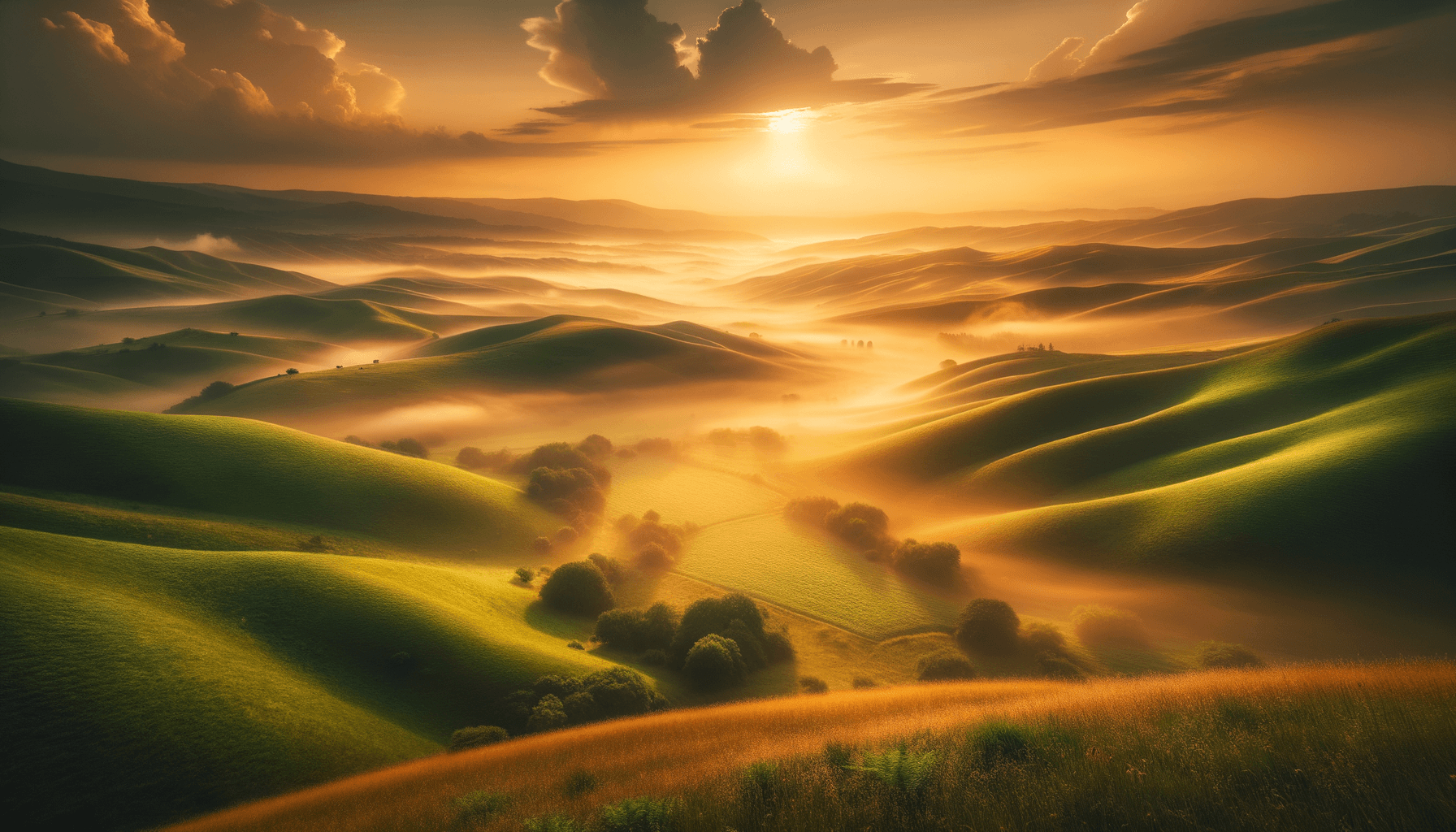 Green hillside at golden hour with mist