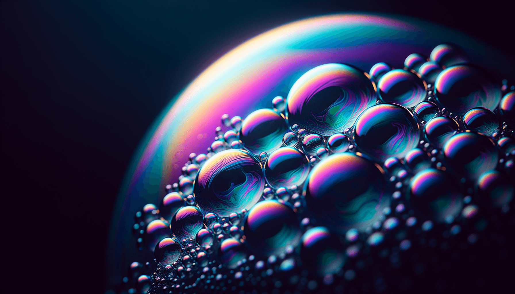 Iridescent bubbles with purple and teal light