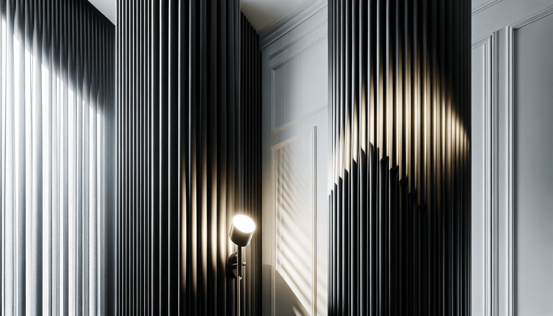 Black fluted columns with gold spotlight