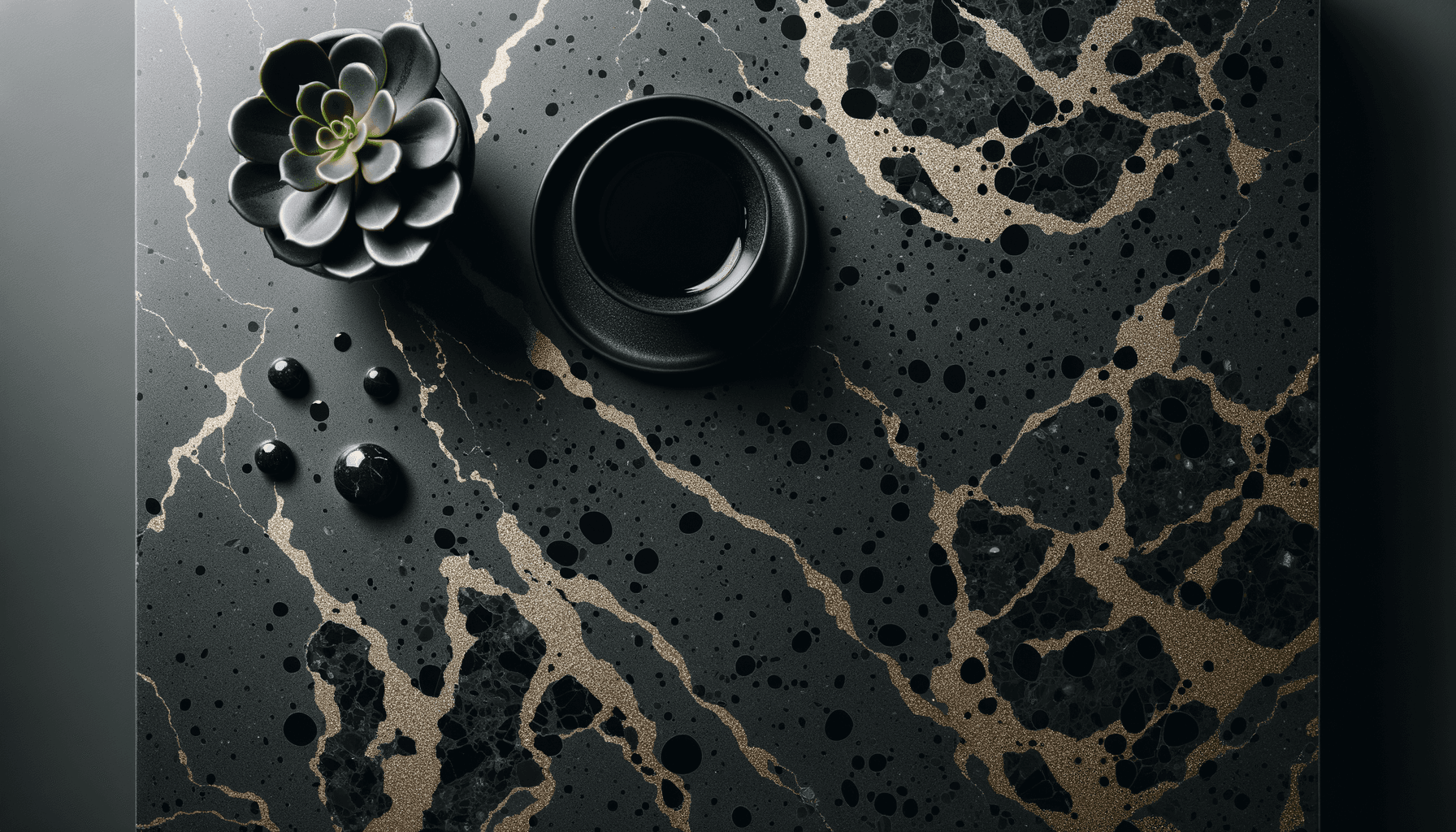 Black terrazzo countertop with gold veining